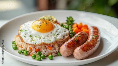 Delicious Breakfast Plate with Egg, Sausages, and Vegetables