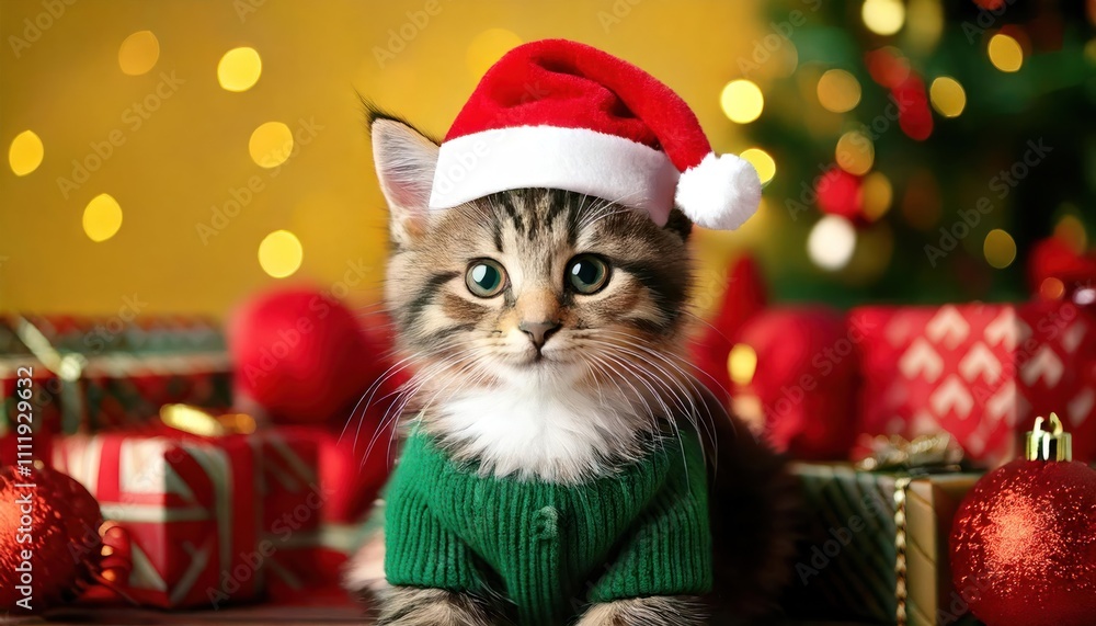 A delightful collection of kittens dressed in green sweaters and red Santa hats, surrounded A delightful collection of kittens dressed in green sweaters and red Santa hats, surrounded