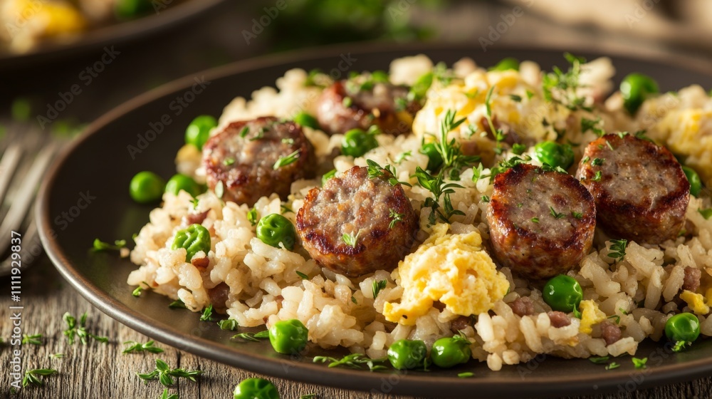 Savory Rice Dish with Sausages, Peas, and Scrambled Eggs on Plate Savory Rice Dish with Sausages, Peas, and Scrambled Eggs on Plate