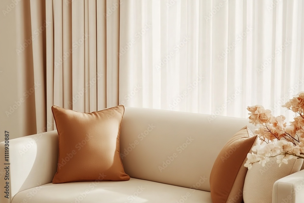 Warm-toned living room corner with cozy sofa and floral decor. Warm-toned living room corner with cozy sofa and floral decor.