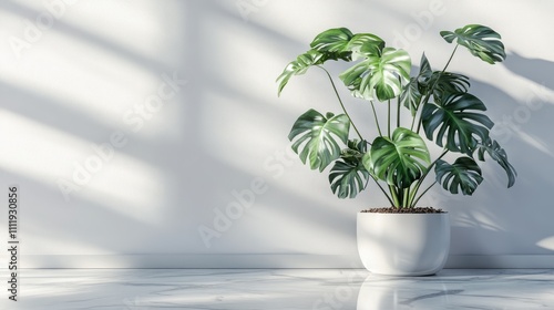 A vibrant green Monstera plant in a modern white pot, casting shadows on a bright, minimalist wall.