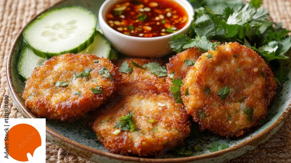 Crispy Golden Potato Cakes Served with Spicy Dipping Sauce Crispy Golden Potato Cakes Served with Spicy Dipping Sauce