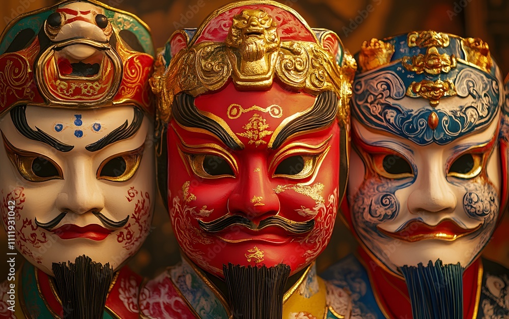 Vibrant traditional masks displayed together. Vibrant traditional masks displayed together.