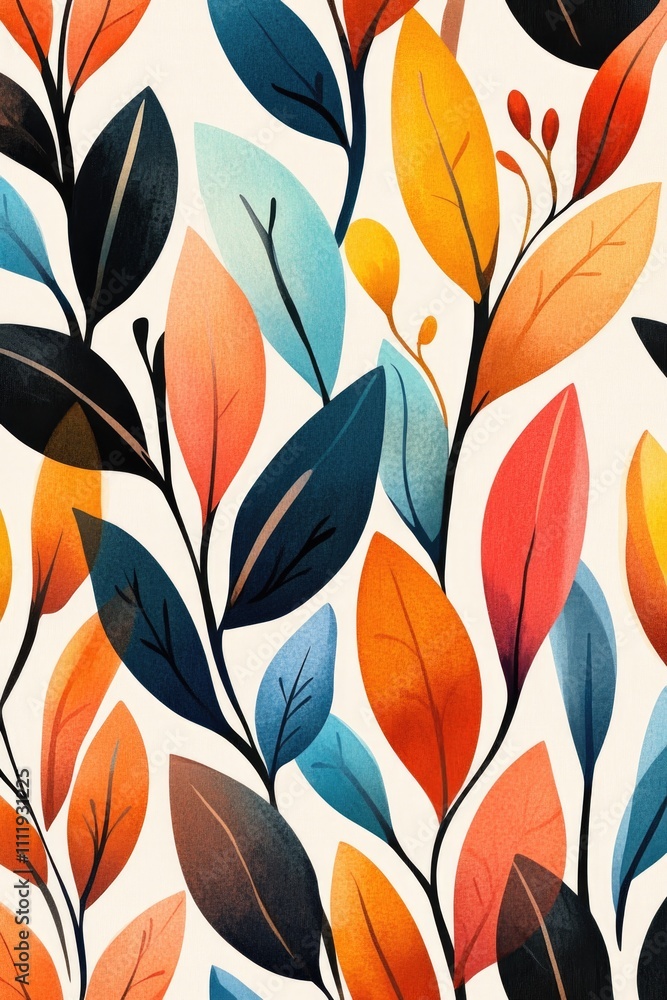 A vibrant abstract leaf of algae pattern in autumn colors of orange, yellow, blue, and black on a white background, perfect for modern seasonal art or decor.. A vibrant abstract leaf of algae pattern in autumn colors of orange, yellow, blue, and black on a white background, perfect for modern seasonal art or decor..