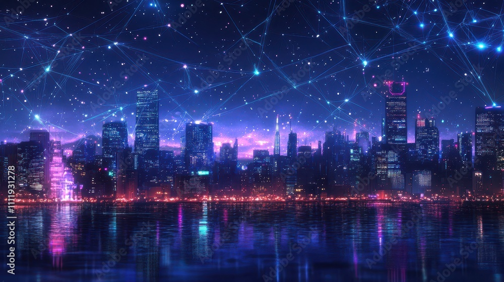 Fototapeta premium Skyline with holographic connections forming a spider web, networking strategy, citywide business integration