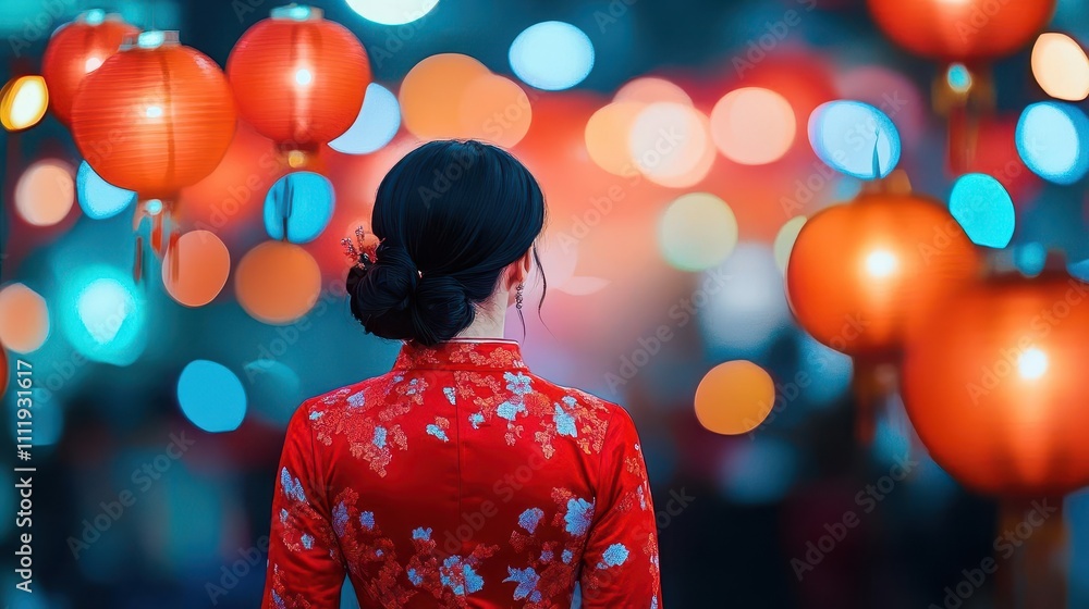 A girl in a radiant red qipao dress, celebrating Lunar New Years Eve with glowing lanterns and festive decorations A girl in a radiant red qipao dress, celebrating Lunar New Years Eve with glowing lanterns and festive decorations