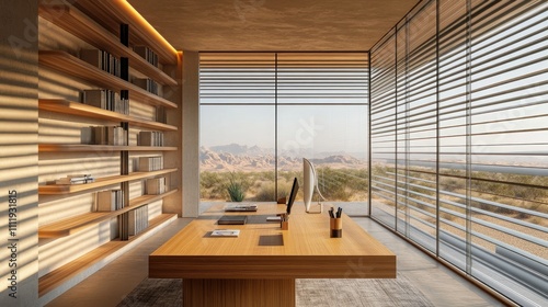 A high-tech home office incorporating desert modern aesthetics