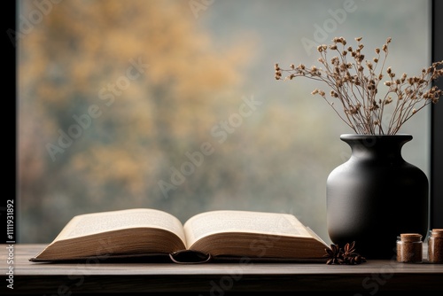 enchanted booklore, a magic ritual book resting on a sunlit table in a modern apothecary, surrounded by spices and runes, set the scene photo