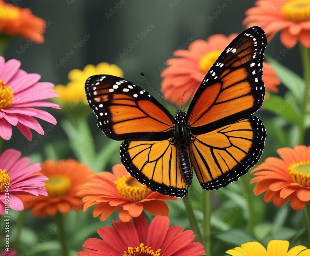 Monarch butterfly resting on a colorful zinnia flower, insect, natural, zinnia Monarch butterfly resting on a colorful zinnia flower, insect, natural, zinnia