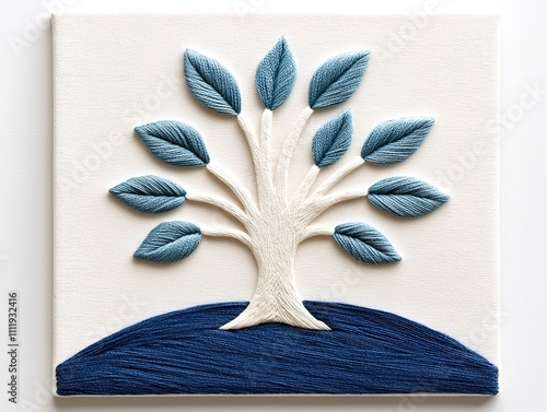 Blue White Embroidered Tree Canvas Wall Art Nature Inspired Craftsmanship Home Decor photo