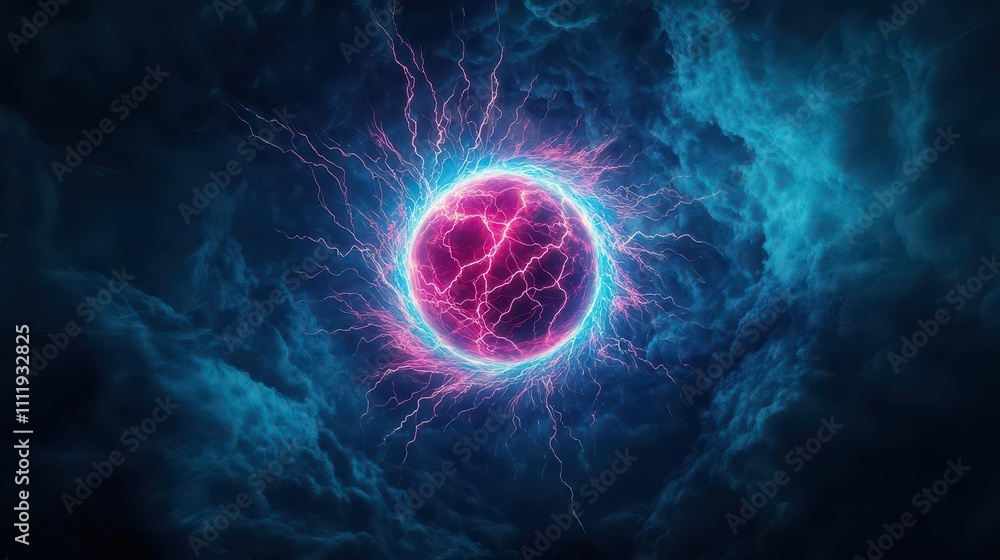 A glowing electric orb floating in the center of a stormy void, thunderbolts radiating outward in vibrant spirals A glowing electric orb floating in the center of a stormy void, thunderbolts radiating outward in vibrant spirals