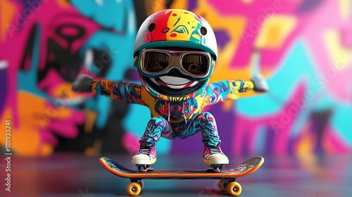 A cartoon character in a helmet and colorful neon clothing is skateboarding. photo