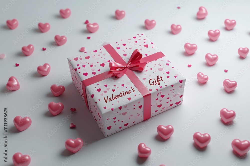 A delicately wrapped gift with a pink ribbon and heart patterns sits on a white surface. Scattered pink hearts enhance the romantic atmosphere, perfect for Valentines Day celebrations. A delicately wrapped gift with a pink ribbon and heart patterns sits on a white surface. Scattered pink hearts enhance the romantic atmosphere, perfect for Valentines Day celebrations.