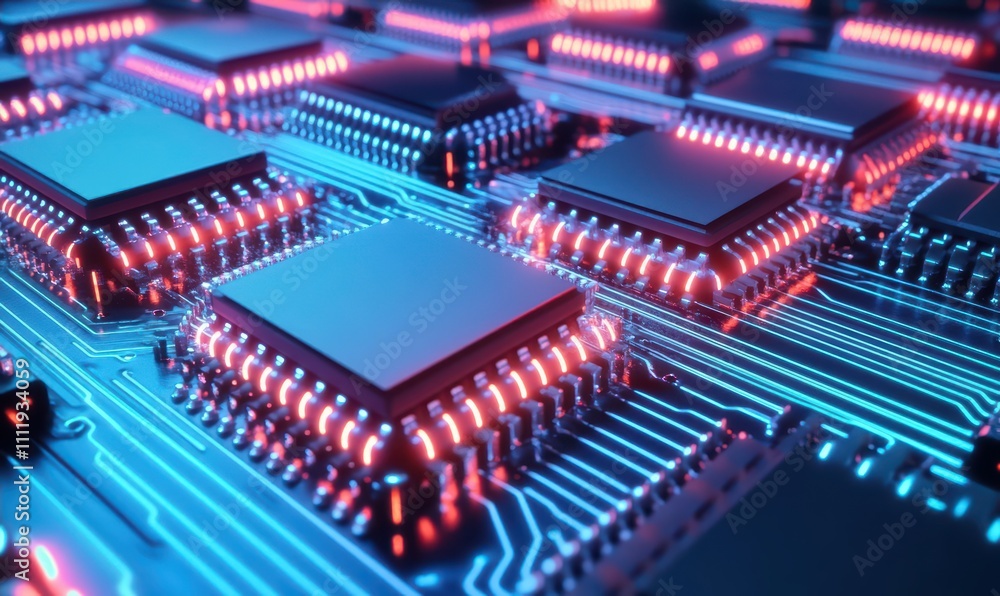 Close-up of a circuit board with glowing microchips and connections. Close-up of a circuit board with glowing microchips and connections.
