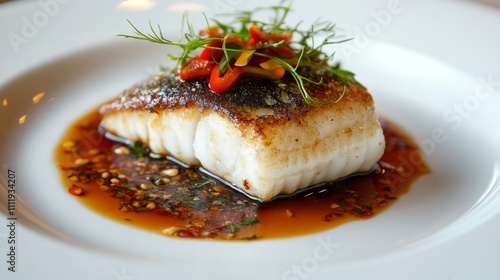 Grilled Fish Fillet with Spicy Sauce and Fresh Herbs on Plate