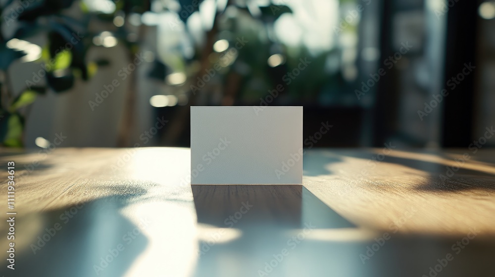 custom made wallpaper toronto digitalBlank vertical business card standing on wooden table in modern office with plants on background