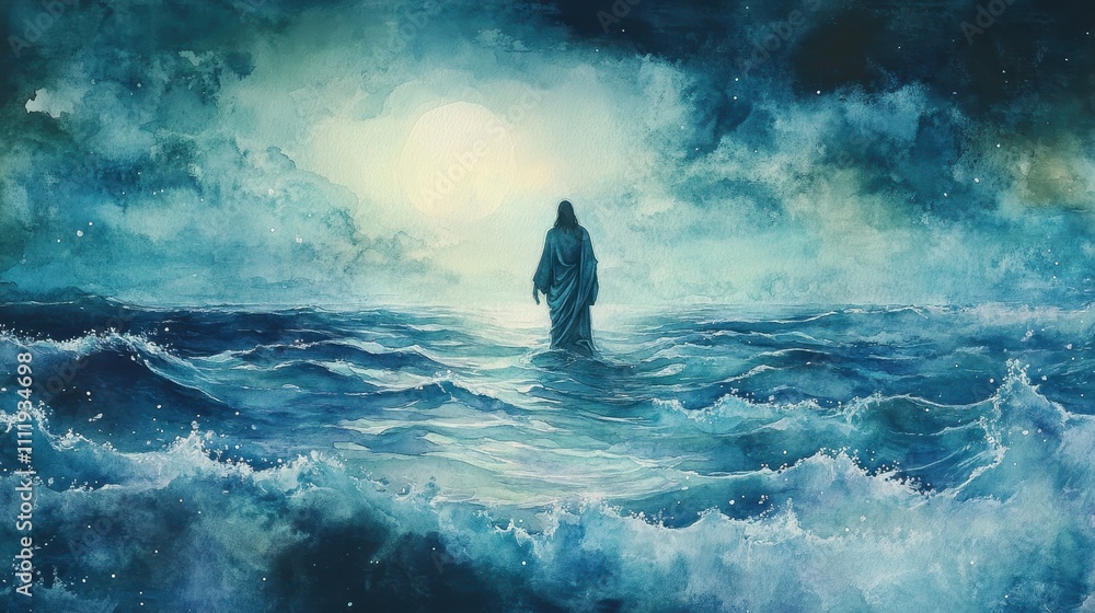 Serene watercolor depiction of Jesus walking gently on waves under a glowing sky at sunrise Serene watercolor depiction of Jesus walking gently on waves under a glowing sky at sunrise