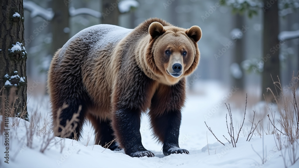 A Wild Brown Bear in Its Natural Winter Habitat A Wild Brown Bear in Its Natural Winter Habitat