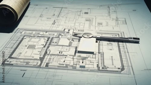 Modern House Key on Architectural Blueprints, New Home Design, Construction Project
