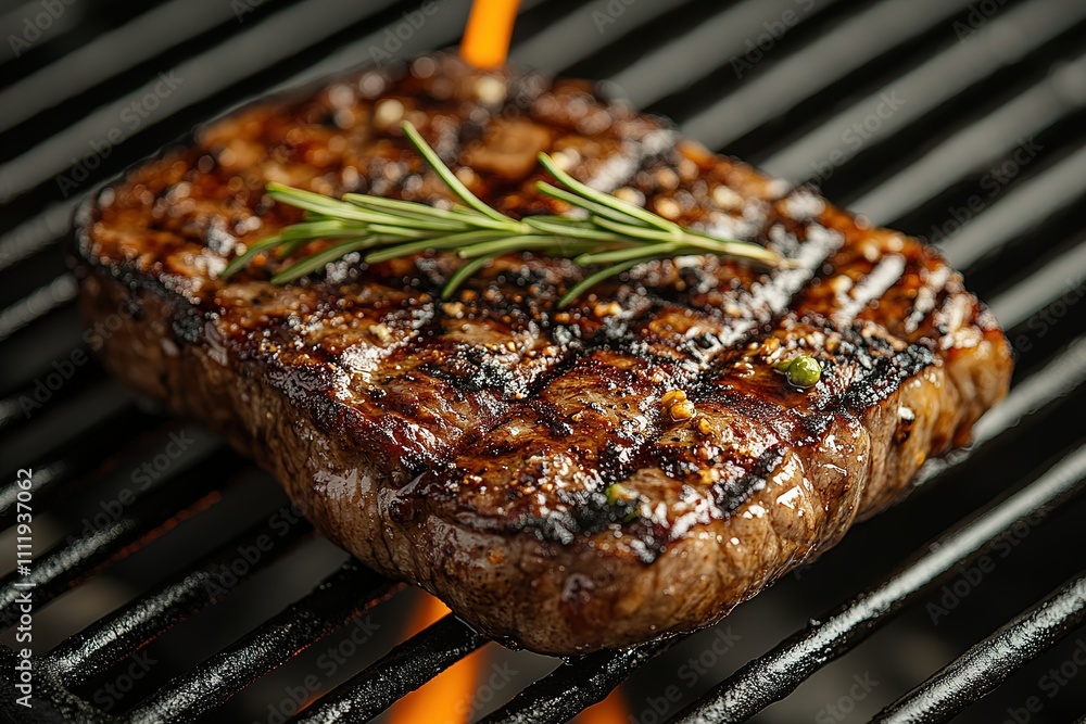 A piece of meat is on a grill with some herbs on top A piece of meat is on a grill with some herbs on top