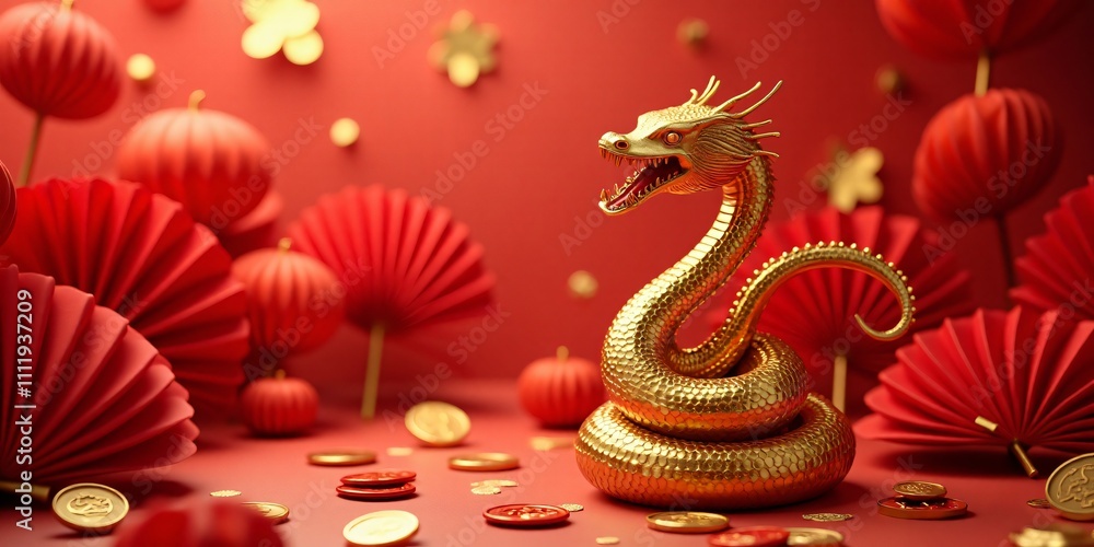Chinese New Year 2025, A golden snake sculpture is surrounded by red fans and coins, reflecting celebration and tradition with oriental design elements in a festive color scheme. Chinese New Year 2025, A golden snake sculpture is surrounded by red fans and coins, reflecting celebration and tradition with oriental design elements in a festive color scheme.