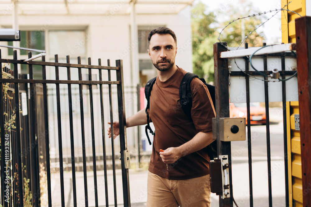 Portrait of handsome Latin man holding backpack, student having door key, open door outdoors Portrait of handsome Latin man holding backpack, student having door key, open door outdoors