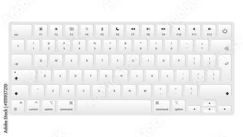 Keyboard Design on white Background. Vector Illustration of Computer and Laptop Key Buttons, Icons of Control, Enter, QWERTY, Alphabet, Numbers, Shift, Escape, Realistic Mockup. Vector.