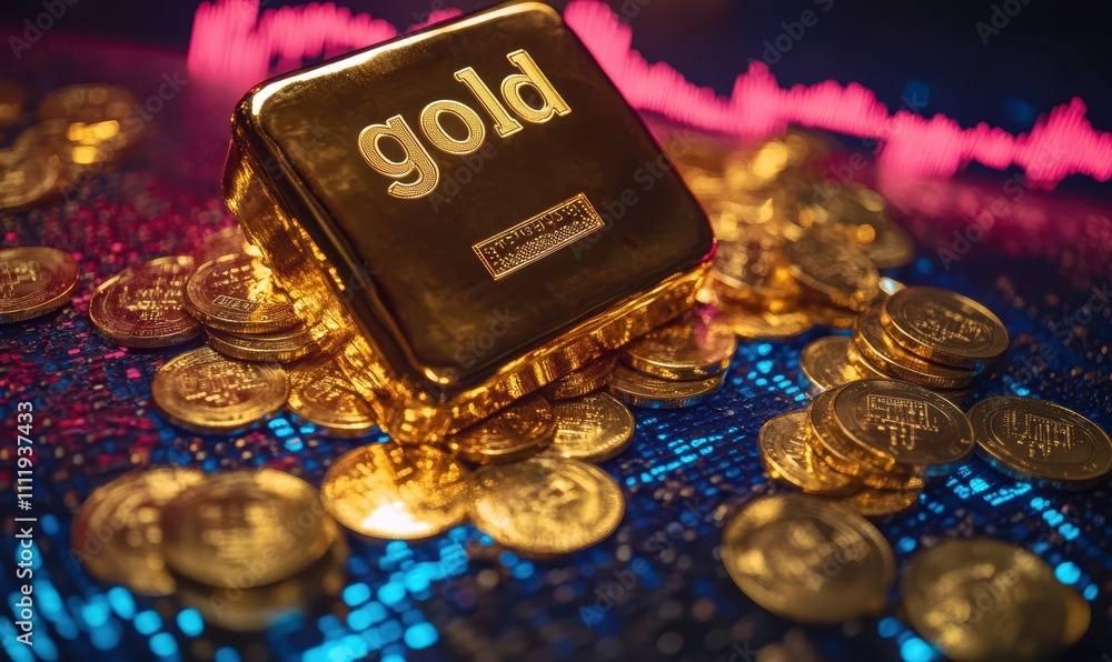 A gleaming gold bar on a background of financial charts A gleaming gold bar on a background of financial charts