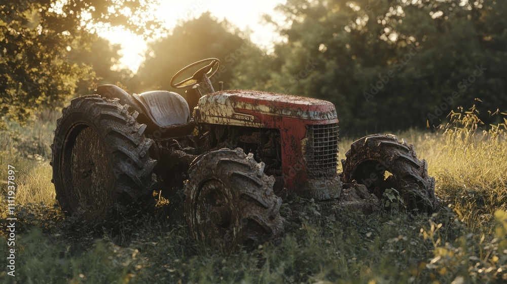 Old rustic tractor covered in mud, sitting unused in an overgrown field, evening light, Old rustic tractor covered in mud, sitting unused in an overgrown field, evening light,