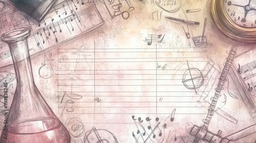 Fototapeta premium Artistic Background with Music Notation, Laboratory Equipment and Vintage Clock for Creative Projects