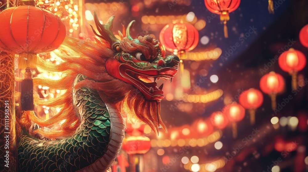 Fototapeta premium Close-up of a vibrant Chinese dragon statue amidst glowing red lanterns at night.
