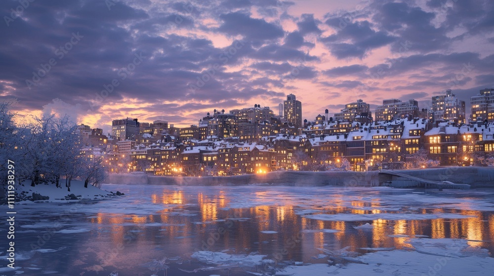 Fototapeta premium Winter Cityscape at Dusk - Photorealistic Urban Scene with Snow-Covered Rooftops and River Reflections