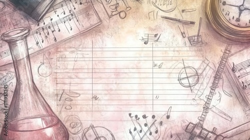 Wallpaper Mural Artistic Background with Music Notation, Laboratory Equipment and Vintage Clock for Creative Projects Torontodigital.ca