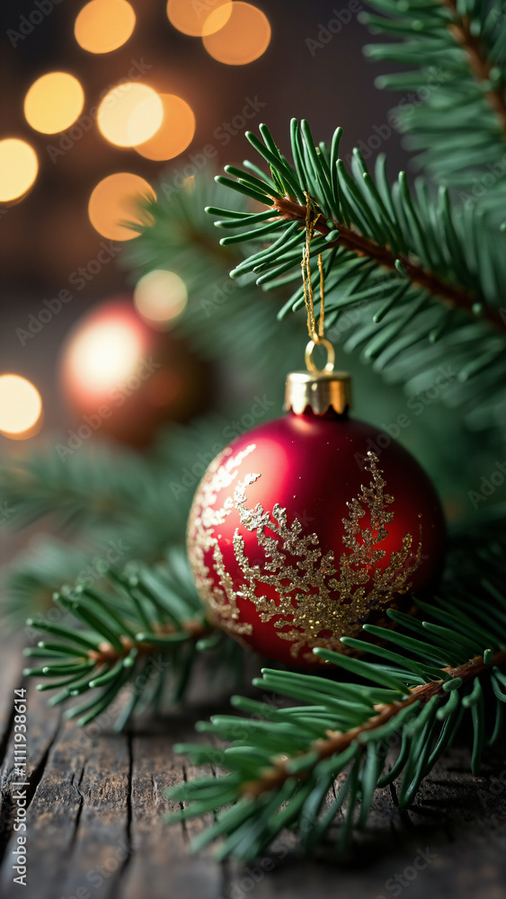 Festive Fir Blue Pine Branch with Red and Gold Christmas Ball: Perfect for Holiday Marketing and Seasonal Promotions Festive Fir Blue Pine Branch with Red and Gold Christmas Ball: Perfect for Holiday Marketing and Seasonal Promotions