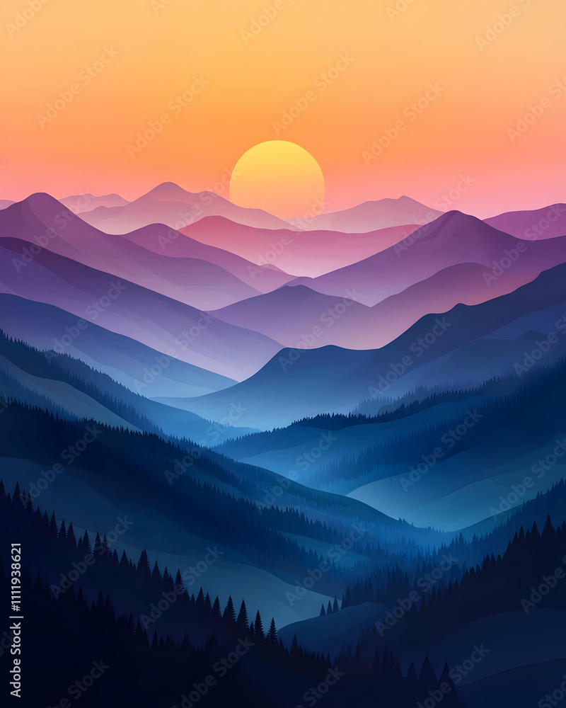 Sunset Mountains: Layers of Blue, Purple Hues Sunset Mountains: Layers of Blue, Purple Hues