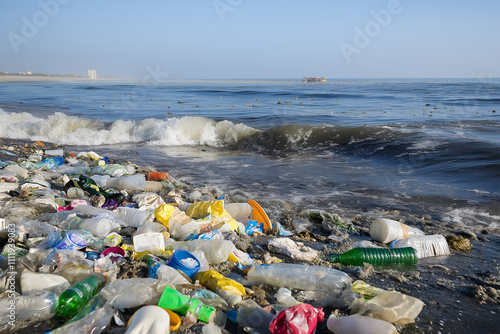 Pollution on the beach of tropical sea.