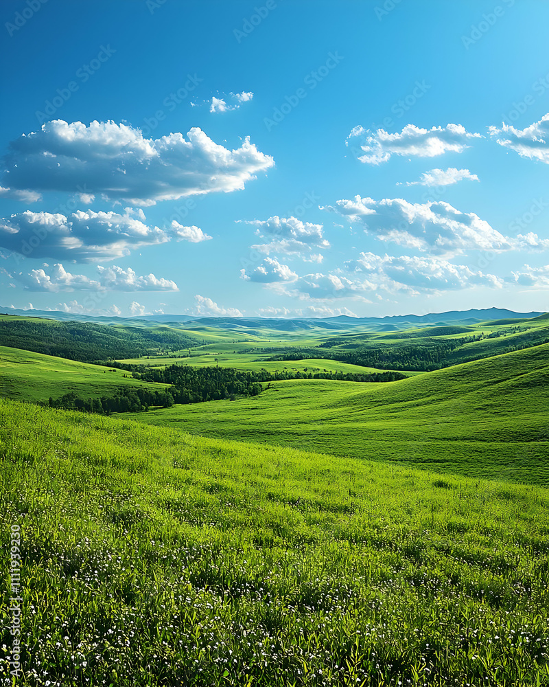 Rolling Green Hills Under Blue Sky Landscape Rolling Green Hills Under Blue Sky Landscape