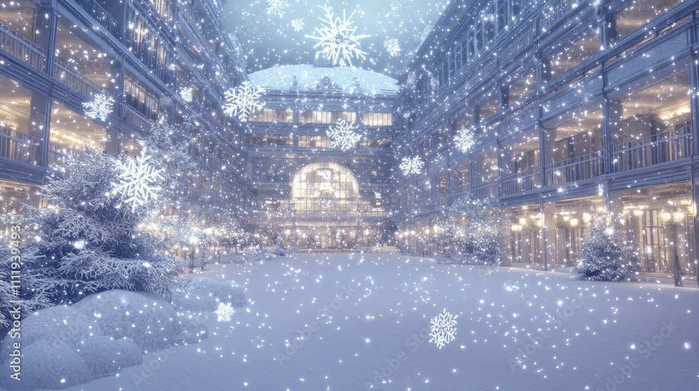 Winter Wonderland in Urban Plaza - Photorealistic Winter Evening Scene with Falling Snowflakes and Twinkling Lights Creating Magical Atmosphere Winter Wonderland in Urban Plaza - Photorealistic Winter Evening Scene with Falling Snowflakes and Twinkling Lights Creating Magical Atmosphere