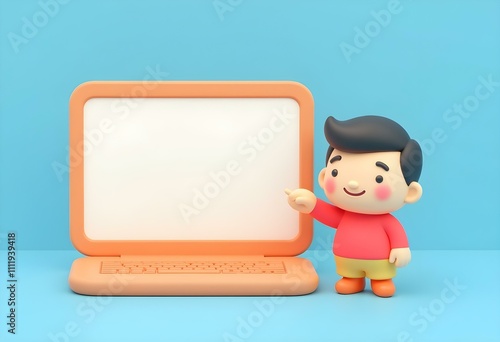 Young smilin man holding and pointing at blank screen laptop computer. Distance and e-learning education concept. 3d vector people character illustration. Cartoon minimal style. photo