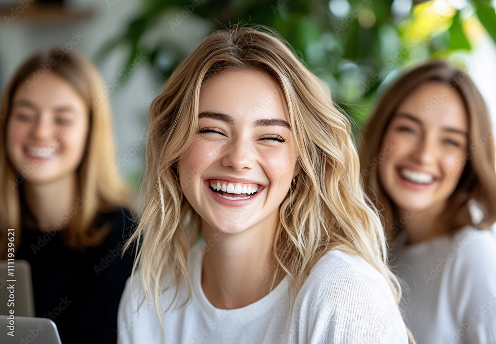 A joyful group of three young women smiling, showcasing friendship and happiness in a natural, bright environment. A joyful group of three young women smiling, showcasing friendship and happiness in a natural, bright environment.