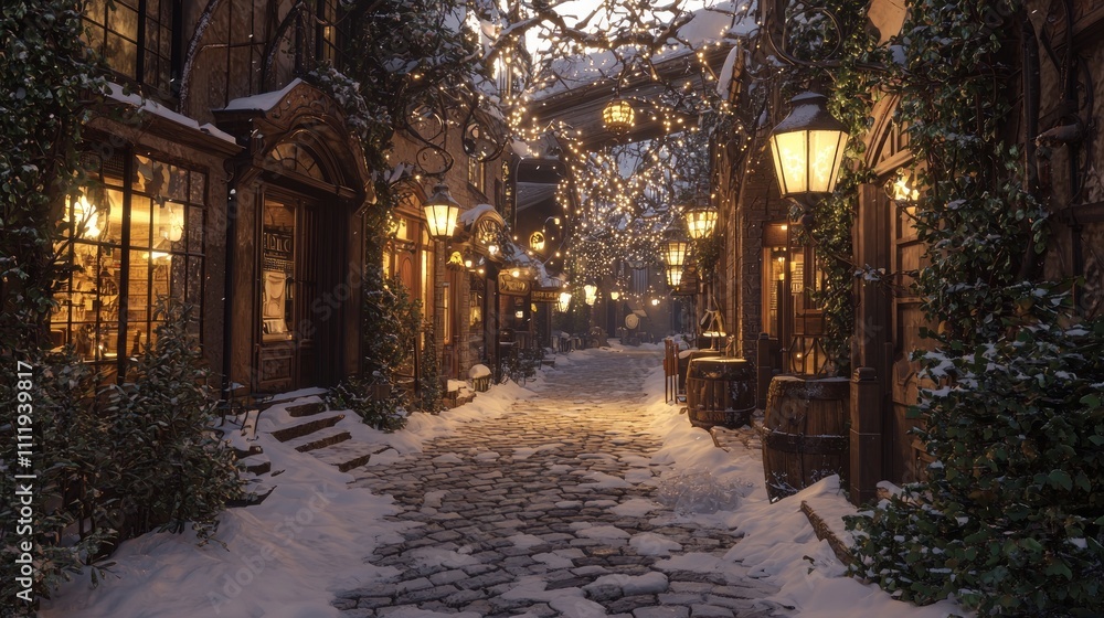 Fototapeta premium Enchanting Winter Alley with Vintage Lanterns and Snow-Covered Cobblestones Inviting Exploration | Ultra-Detailed Photorealistic Scene