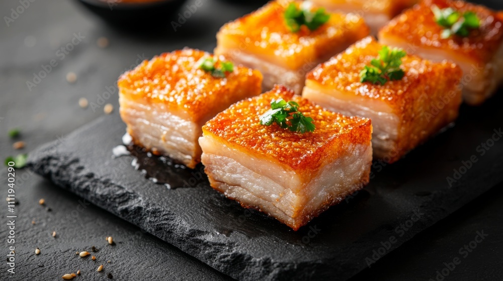 Crispy Pork Belly with Fresh Herbs on Dark Slate Plate Crispy Pork Belly with Fresh Herbs on Dark Slate Plate