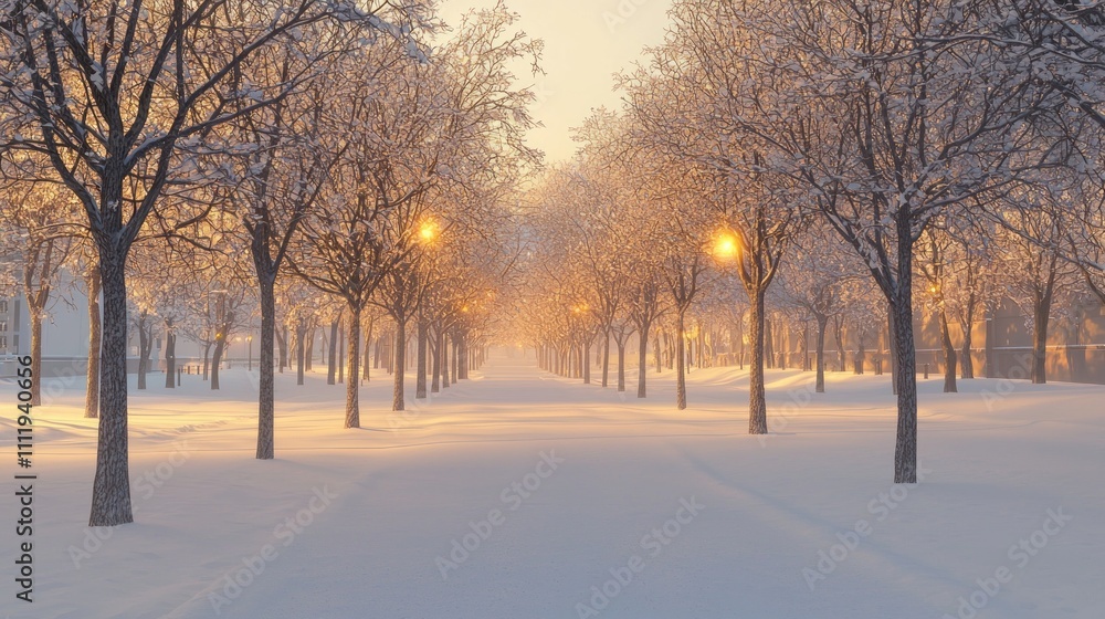 Fototapeta premium Serene Winter Wonderland in Urban Park with Snow-Covered Trees and Golden Light for Relaxation and Peaceful Ambiance - Ultra-Detailed Photorealistic Image