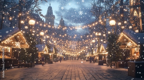 Winter Wonderland Market: Cozy Snowfall Evening with Glowing Lights and Cheerful Ambiance | Ultra-Detailed Photorealistic Illustration