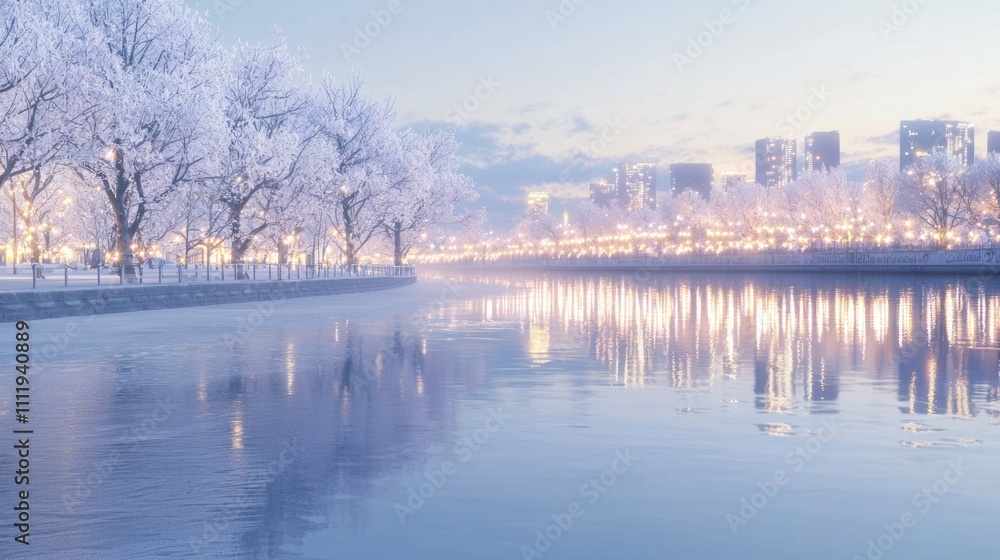 Fototapeta premium Frosty Riverbank Serenity: Photorealistic Winter Waterfront View with City Lights Reflections - Ultra-Detailed Image