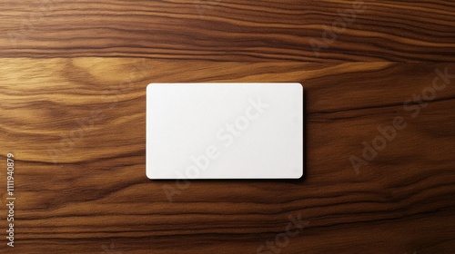 Blank white card resting on wooden table mockup