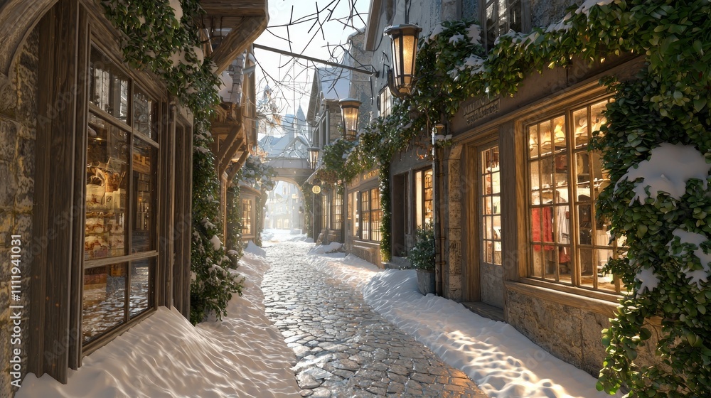 Fototapeta premium Enchanting Winter Alleyway Scene with Snow-Covered Cobblestone Paths, Quaint Shops, and Soft Light | Ultra-Detailed Photorealistic Image Evoking Tranquility
