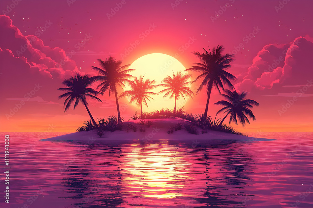 Sunset Paradise: Island Palms Reflecting on Calm Ocean Sunset Paradise: Island Palms Reflecting on Calm Ocean