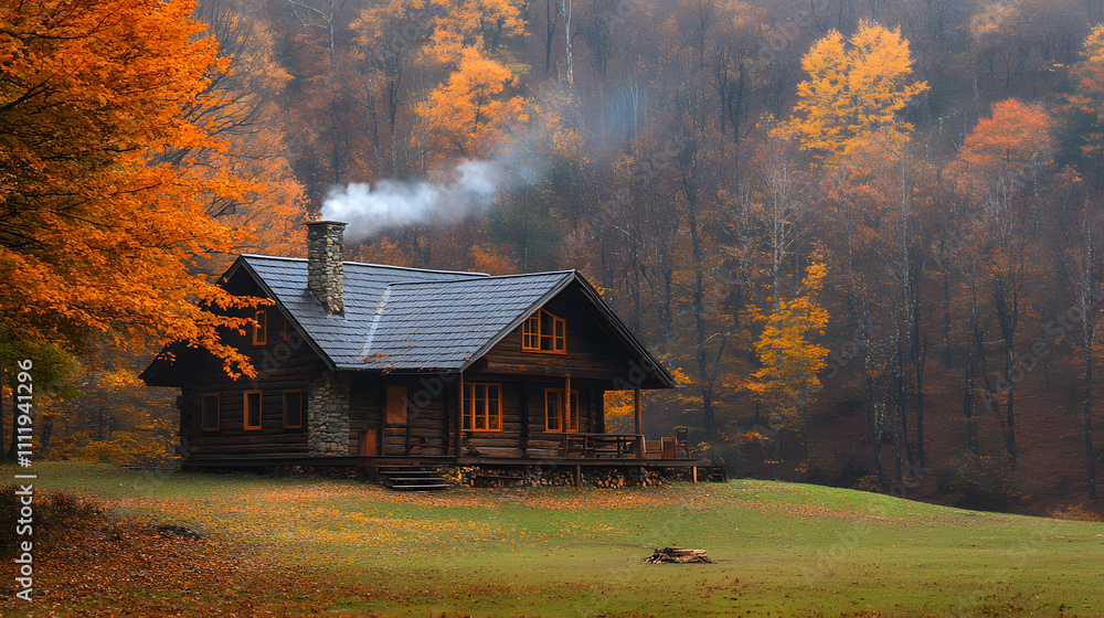 A cozy countryside scene with a rustic cabin, smoke curling from the chimney, and colorful autumn trees A cozy countryside scene with a rustic cabin, smoke curling from the chimney, and colorful autumn trees
