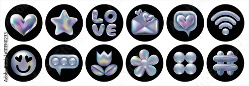 3d holographic retro 90 icons set. Chrome Heart, Star, Hashtag, Envelope, Wi-Fi, Daisy Flowers, Smile,  abstract shapes isolated on black. Future galaxy aesthetic, 3D chrome bubble art. 